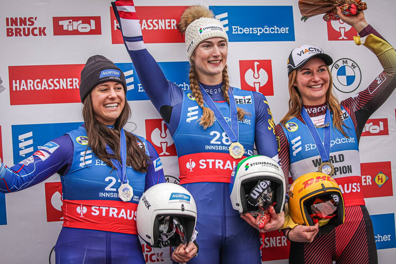 Emily Sweeney celebrates her silver medal in Igls Austria on december 3 2022