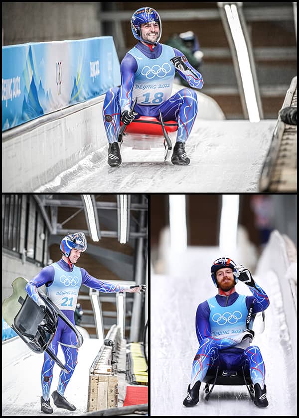 Chris Mazdzer, Jonny Gustafson and Tucker West after their 4th and final 2022 Olympic runs