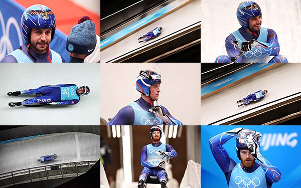 Photos of Chris Mazdzer, Tucker West and Jonny Gustafson from the 2022 Olympic Winter Games