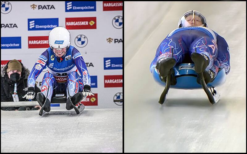 Emily Sweeney  and the duo of Dana Kellogg and Duncan Segger in action during the Sigulda, Latvia World Cup on Jan. 9, 2022.
