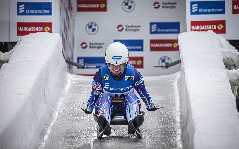 Emily Sweeney paddles down the start ramp in Altenberg, Germany during the luge World Cup on December 11, 2021.