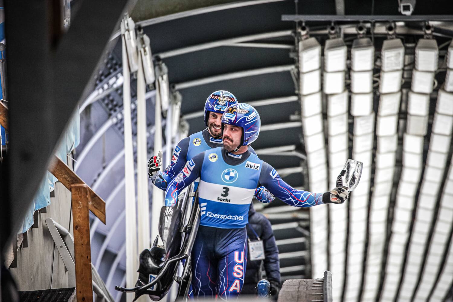 Jayson Terdiman and Chris Mazdzer react after their Sochi sprint race