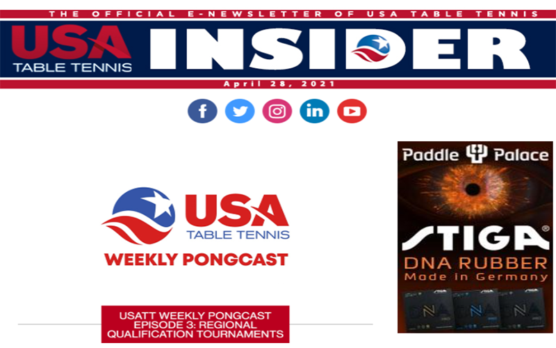 USATT Insider Cover, April 29, 2021 - Weekly Pongcast Episode 3, Stiga Rubber Paddle Palace Promo
