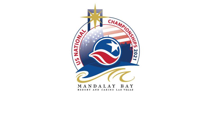 2021 US National Table Tennis Championships Logo - USATT logo surfing on the Mandalay Bay Resort waves logo with an American flag and Las Vegas cityscape background.