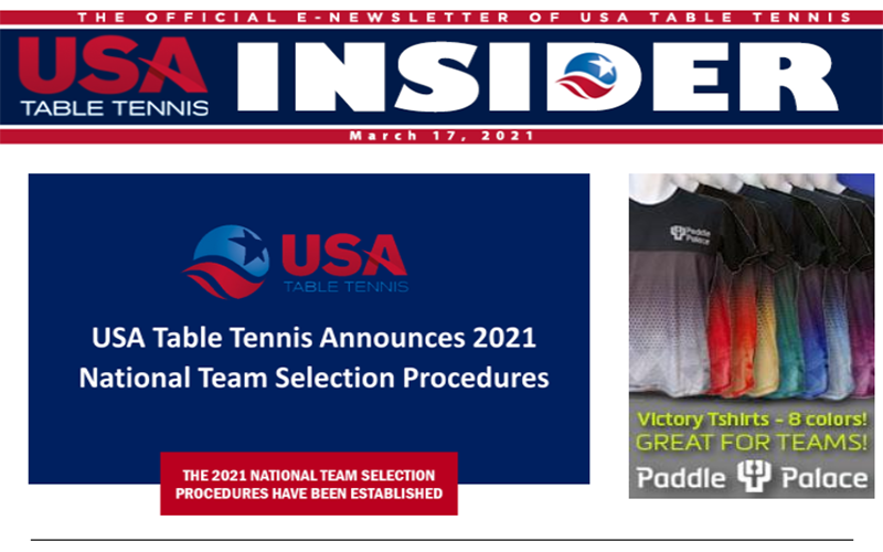 USATT Insider March 17 Cover USATT Logo and Paddle Palace Victory T-Shirts Promo