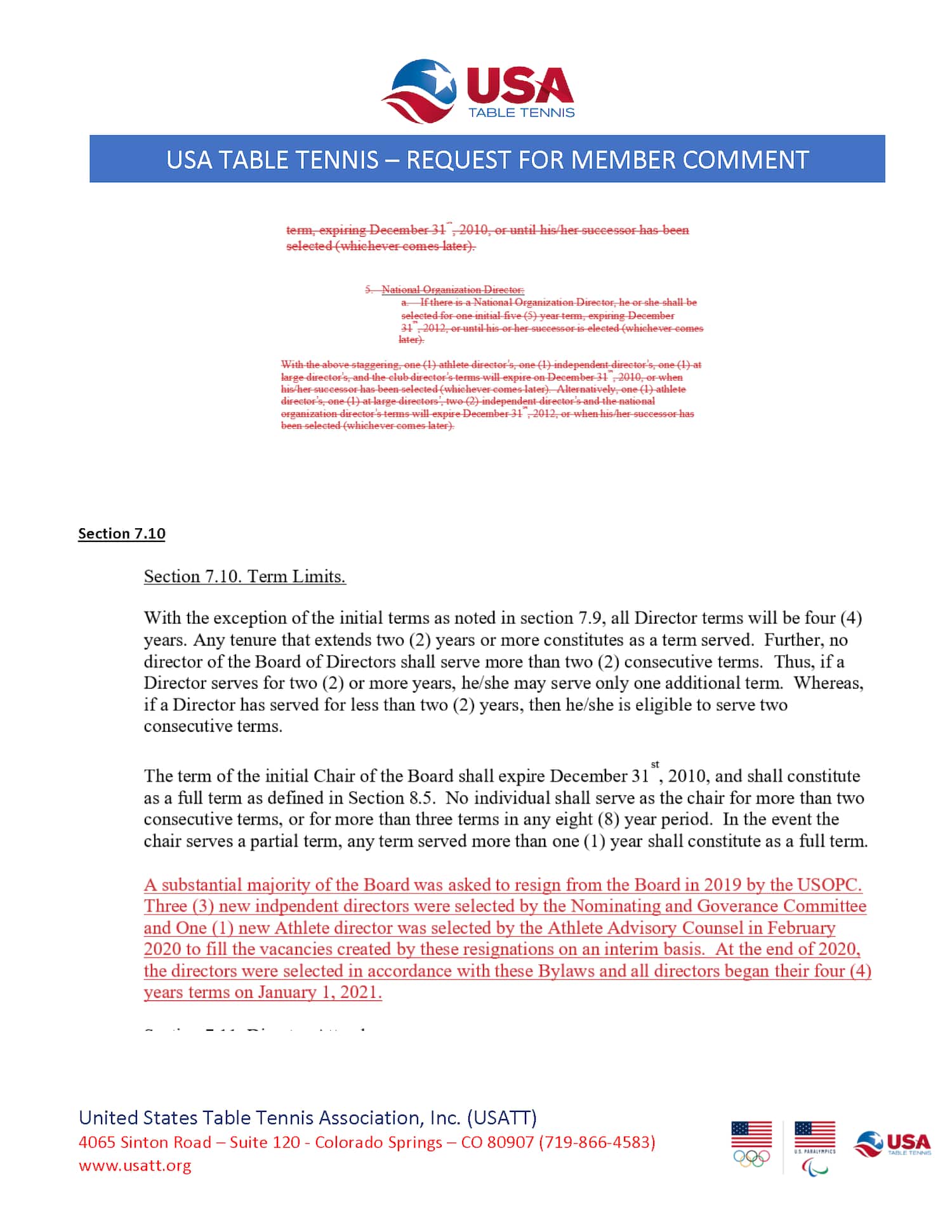 USA Table Tennis Board of Directors Seeks Member Comment on Proposed Amendments to the Bylaws 4