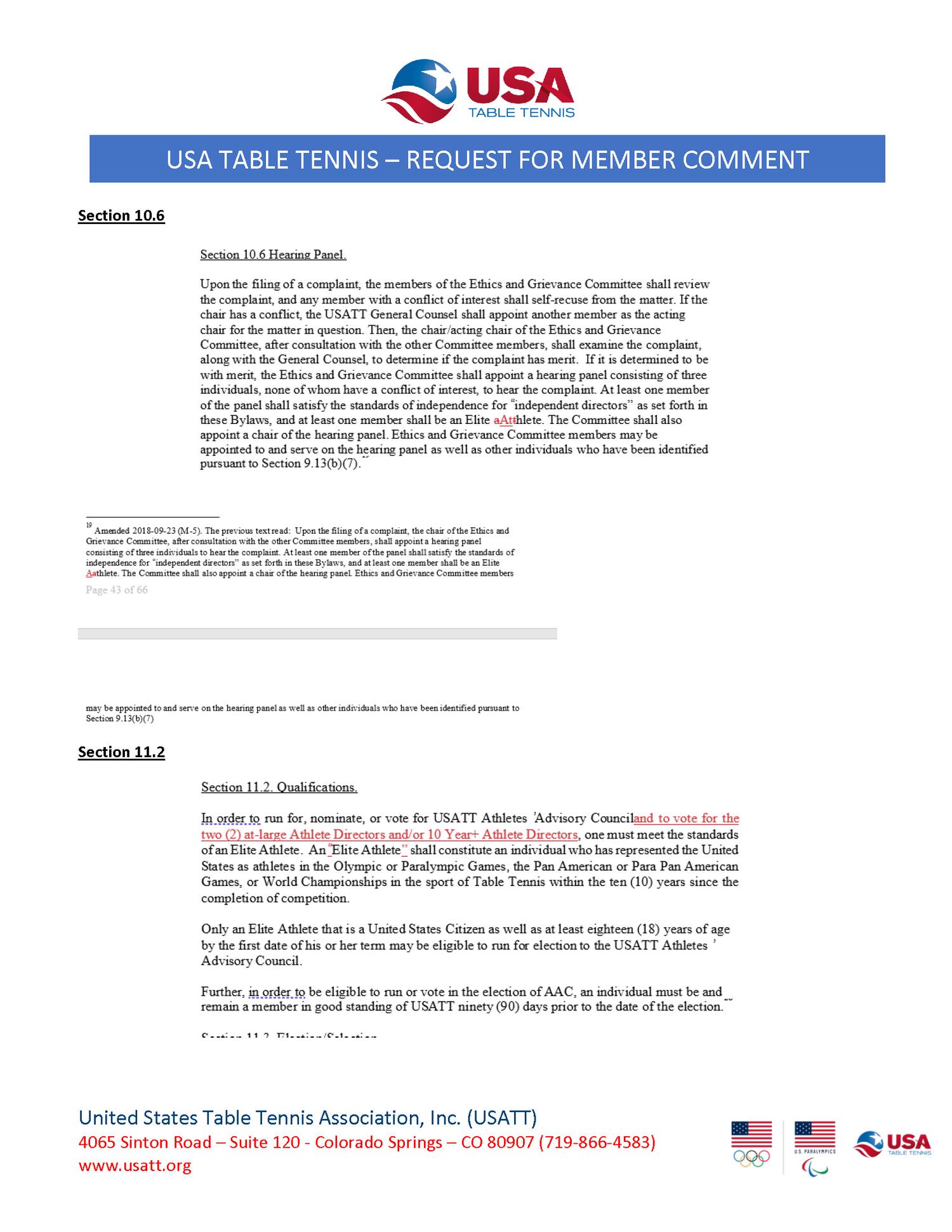 USATT Request for Member Comment Proposed Bylaw Amendments - Downloadable PDF at bottom of page