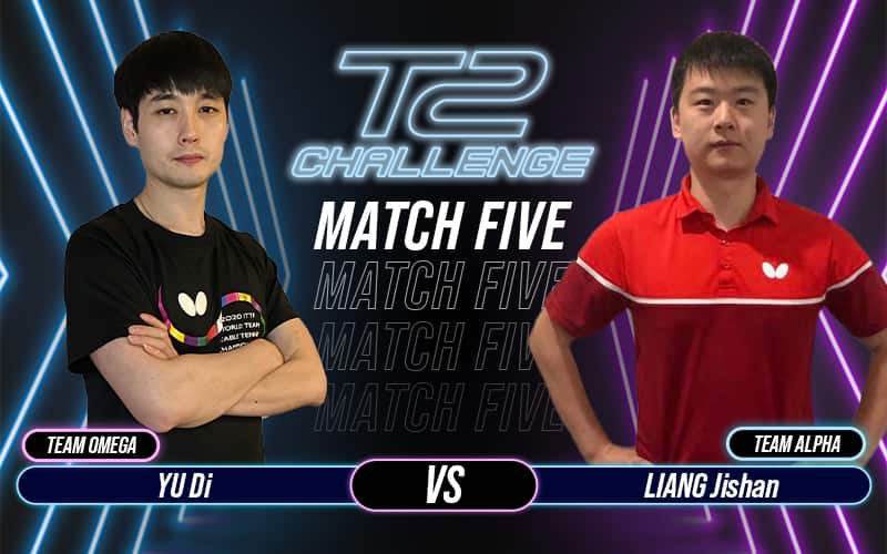 T2 Challenge Logo - Match 5 with Yu Di and Liang Jishan surrounded by pink and blue neon lights