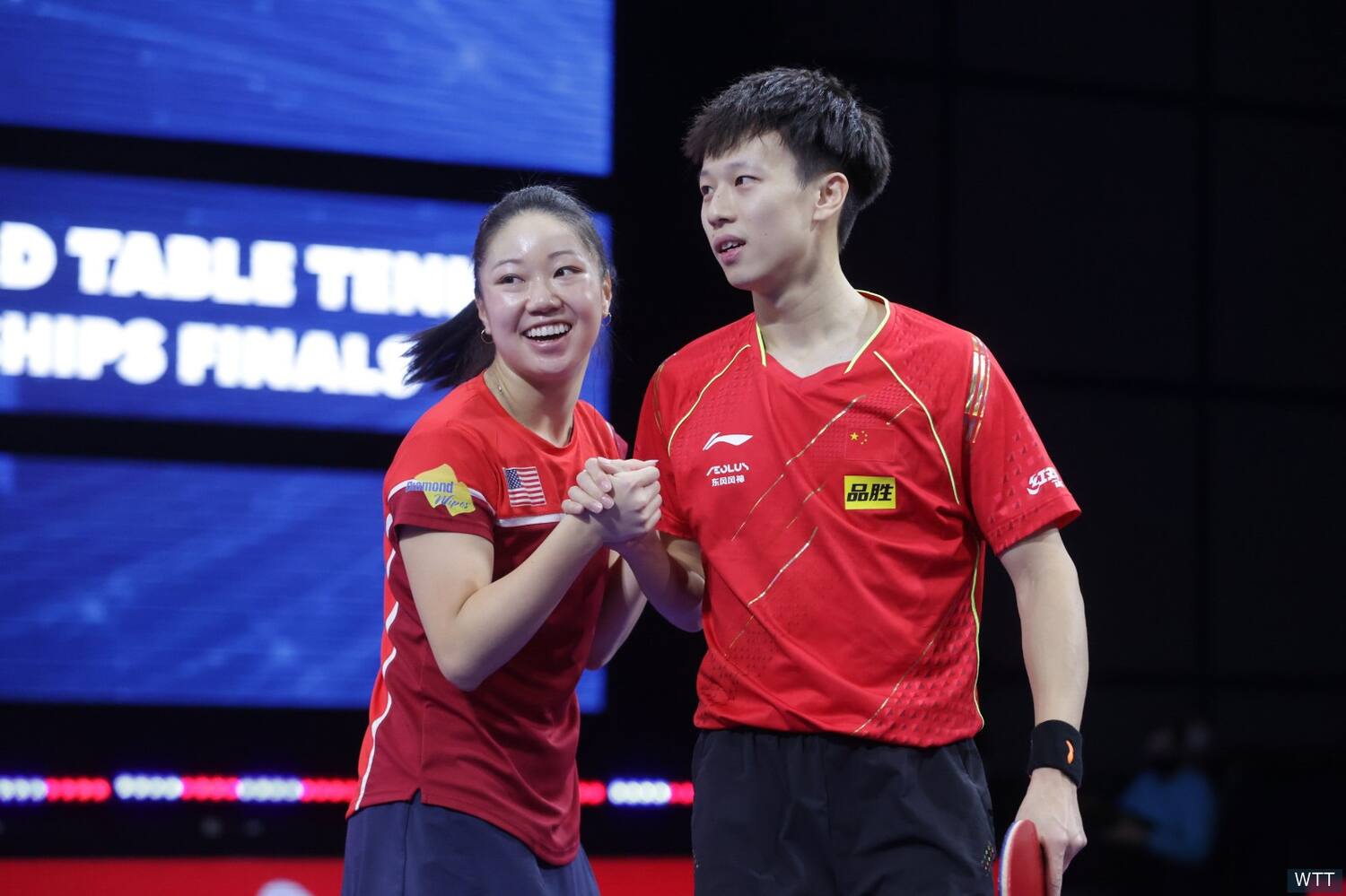 Lily Zhang and Lin Gaoyuan Mixed Doubles semifinals at 2021 Houston World Championship. George R Brown Convention Center, Houston TX.