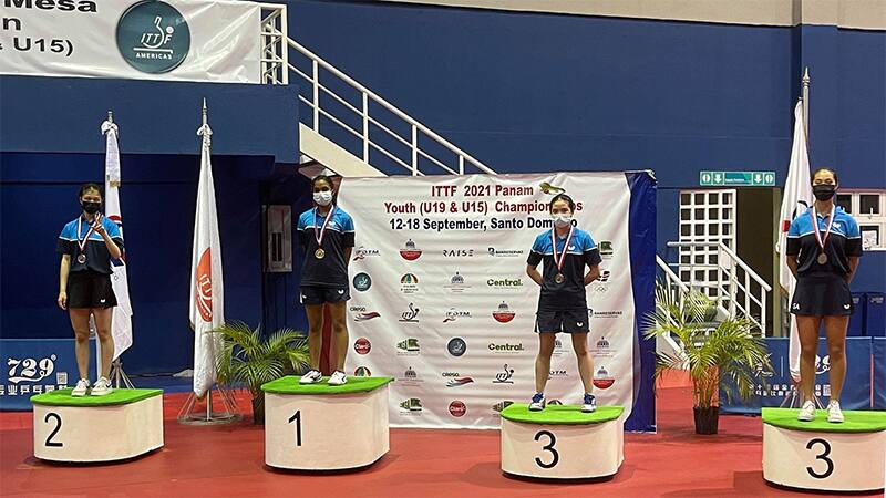 Pan Am Youth Champion Medalists U15 Girls Single. 1st: Sarah Jalli, 2nd: Angie Tan, 3rd: Sally Moyland, 4th: Faith Hu