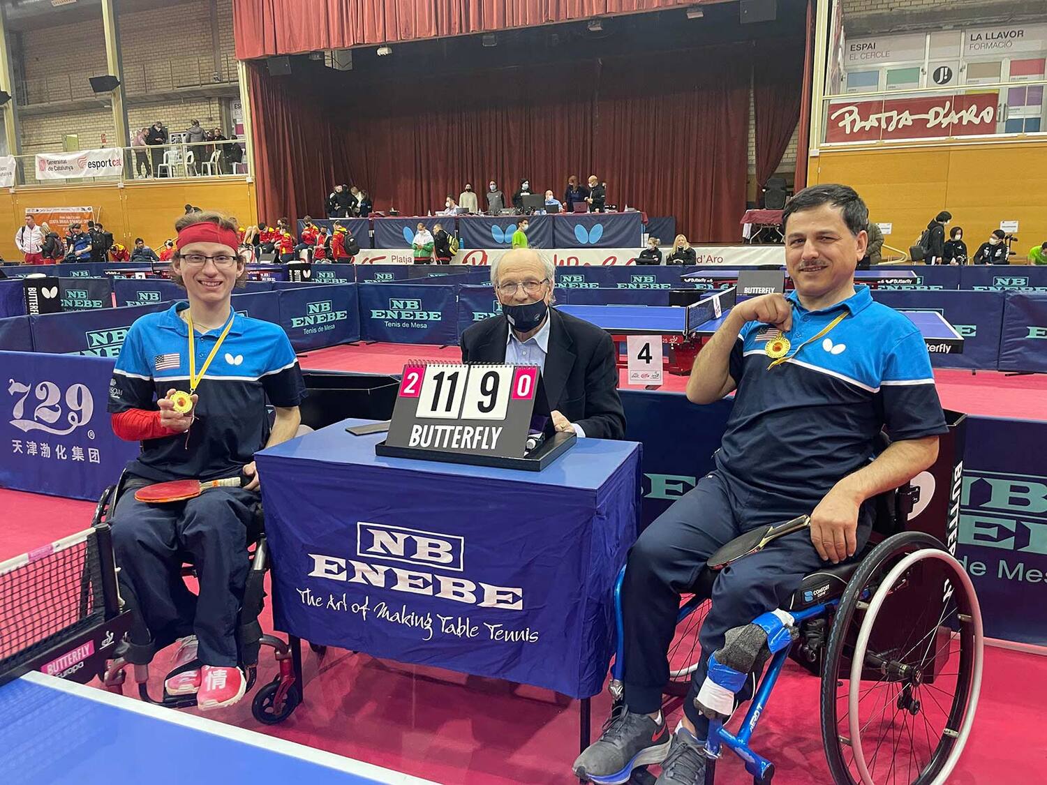 Jenson Van Emburgh and Ahad Sarand winning gold medals in Men's Doubles Class MW8 at the ITTF Costa Brava Spanish Para Open 2022.