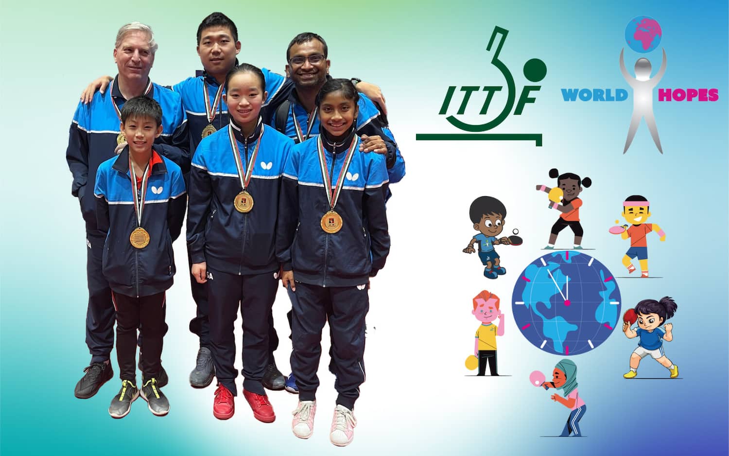 2021 ITTF Hopes Team Members. Mandy Yu, Tashiya Piyadasa and Ryan Lin in Amman, Jordan at the 2021 World Hopes Week and Challenge held by the International Table Tennis Federation (“ITTF”).