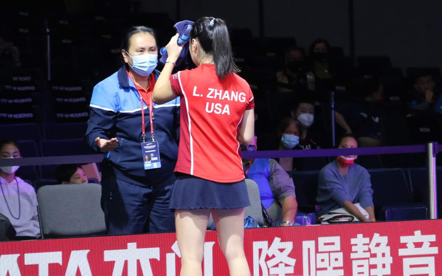 Gao Jun Coaching Lily Zhang at the Houston 2021 World Table Tennis Championships. George R. Brown Convention Center, Houston, TX.