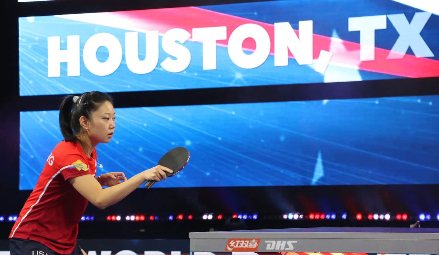 Lily Zhang in the Women's Singles round of 64 at the World Table Tennis Houston World Championships 2022. Houston, Texas.