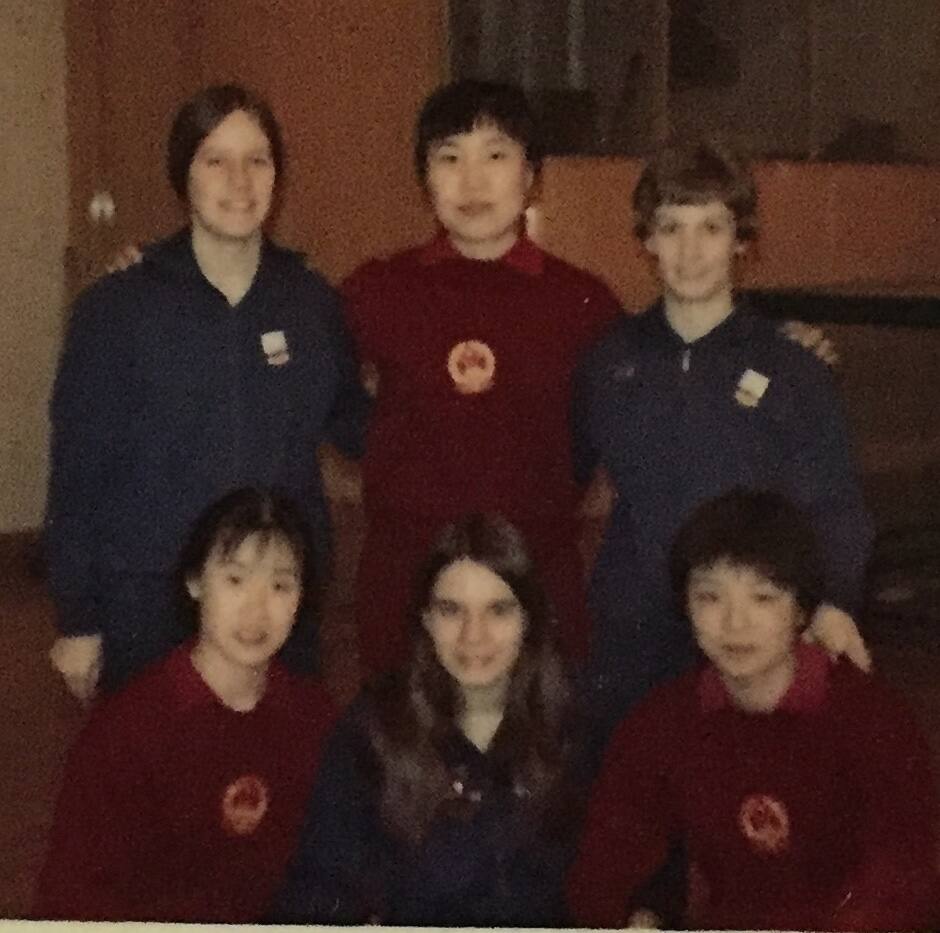 Connie (far right) with US and Chinese teammates during Ping Pong Diplomacy