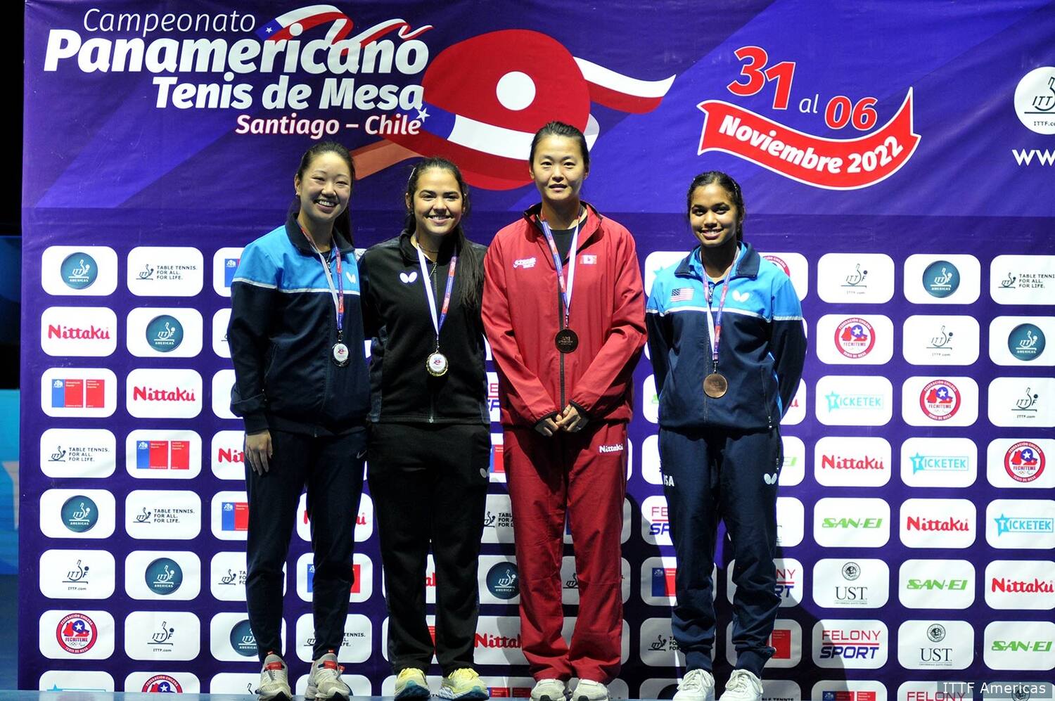 Lily Zhang and Sarah Jalli on the Podium at 2022 ITTF Pan Am Championships in Santiago, Chile.