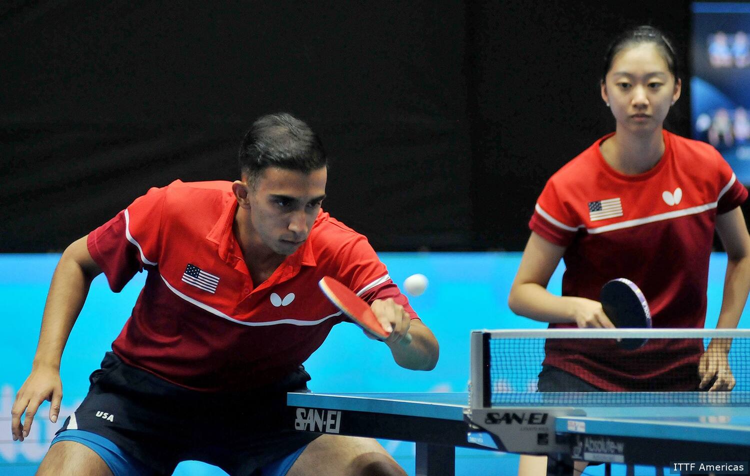 Amy Wang and Nikhil Kumar in mixed doubles at the 2022 ITTF Pan Am Championships in Santiago, Chile.