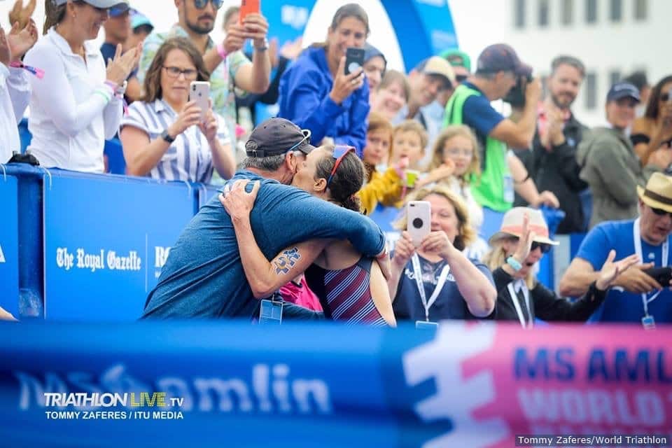 Katie Zaferes embraces her dad at the finish line of the 2019 World Triathlon Grand Final.