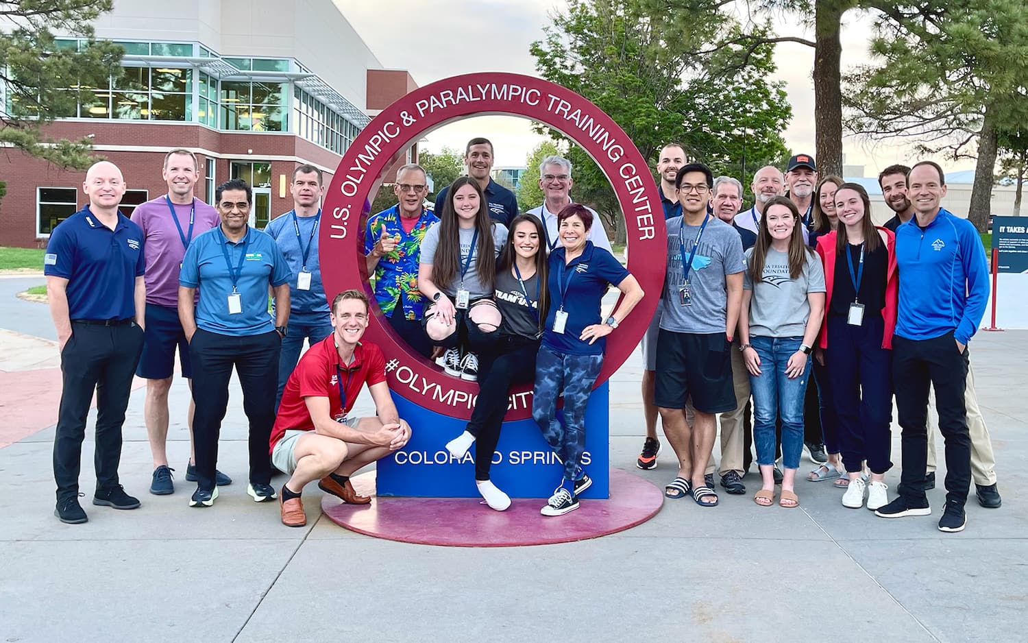 Participants and staff of the 2022 USA Triathlon Foundation Fantasy Camp pose for a photo on the U.S. Olympic and Paralympic Training Center campus.