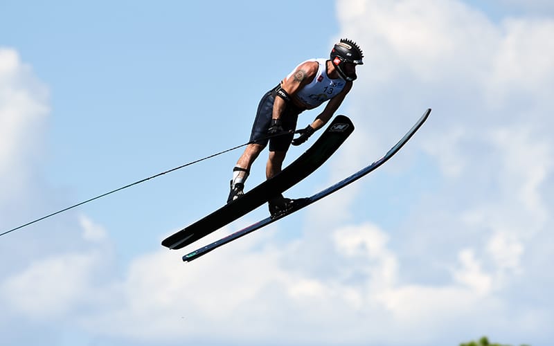 Scot Ellis jumping at the 2021 Water Ski World Championships