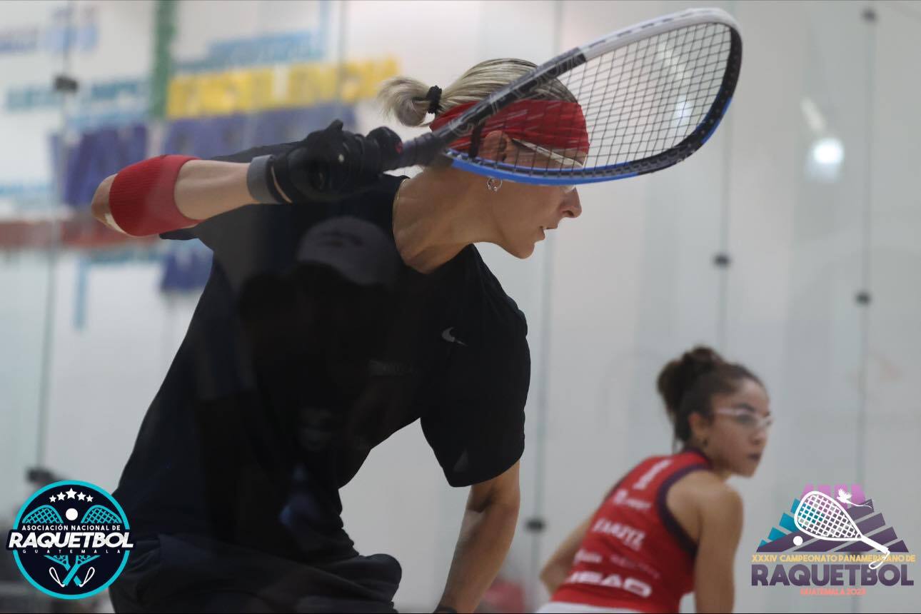 Rhonda Rajsich vs. Paola Longoria in Round of 16 action at the 2023 Pan American Racquetball Championships