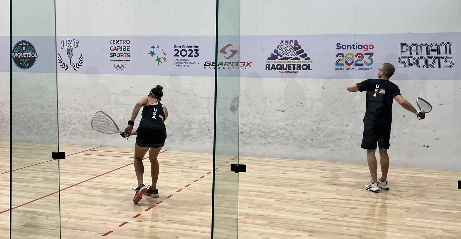 Michelle Key and Sam Bredenbeck warming up for Mixed Doubles at the Pan American Racquetball Championships