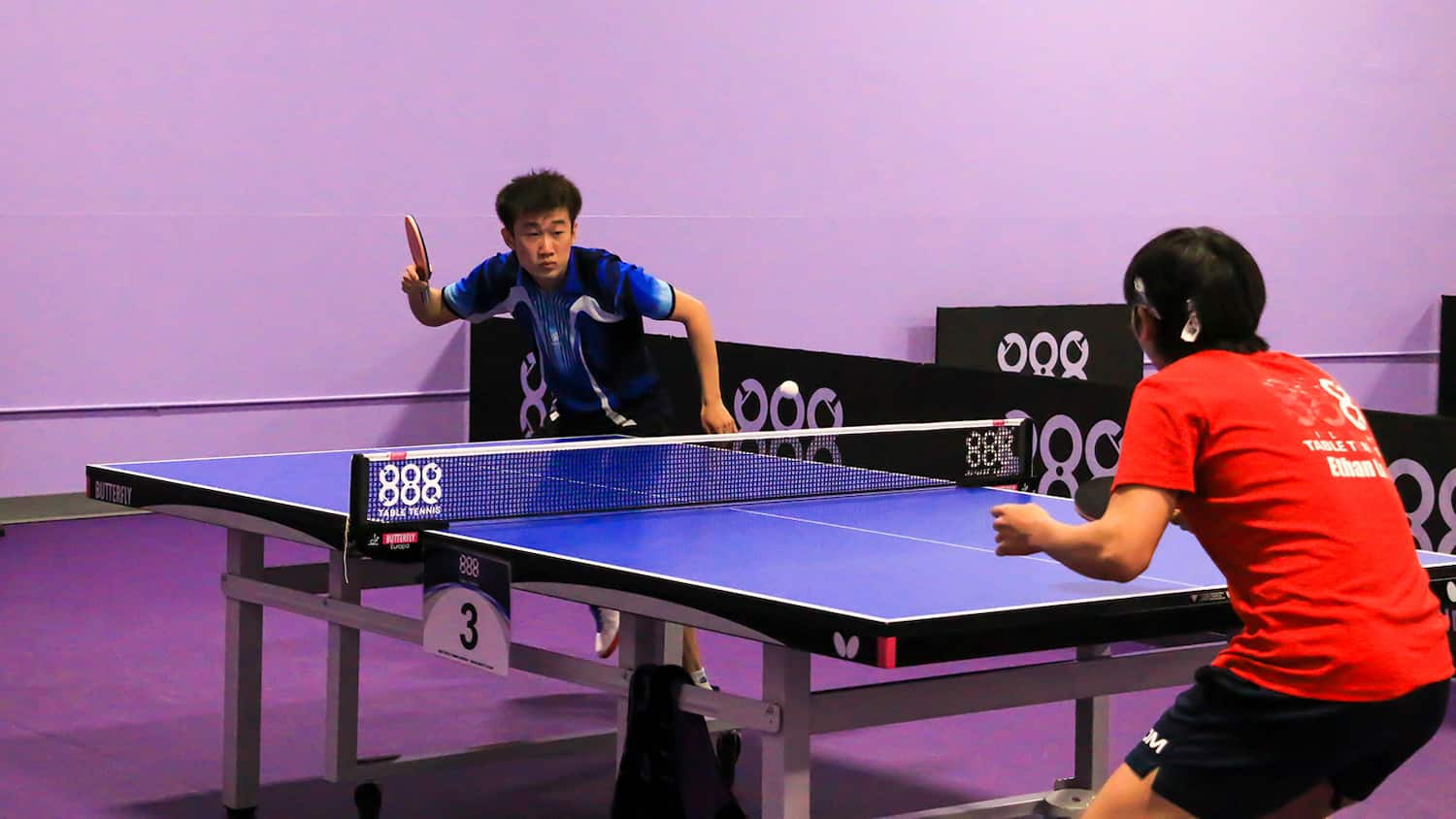 Kai Zhang in stage one of the 2023 US Men's National Team Trials Day 1 Singles at 888 Table Tennis in Burlingame, CA.