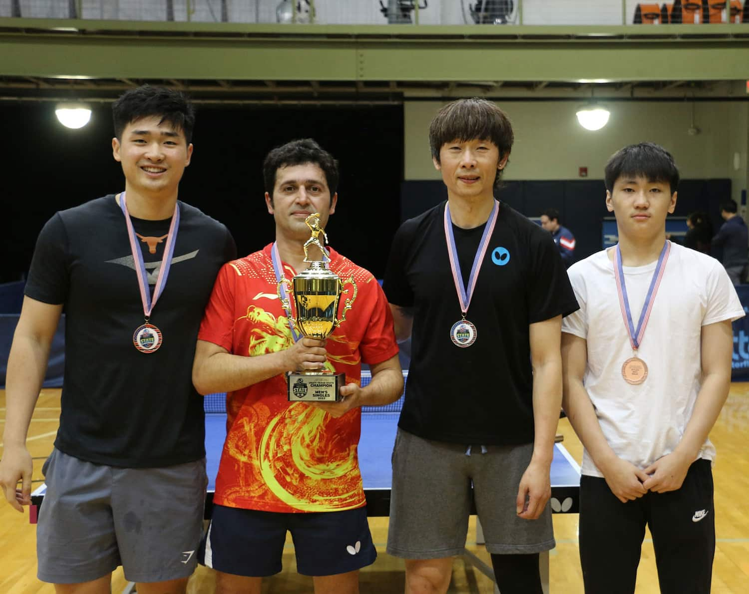 2023 USATT Texas State Championship - Men's Singles. (L-R)  Jonathan Li, Shahin Akhlagapasand,  Kewei Li, and Andrew Cao.