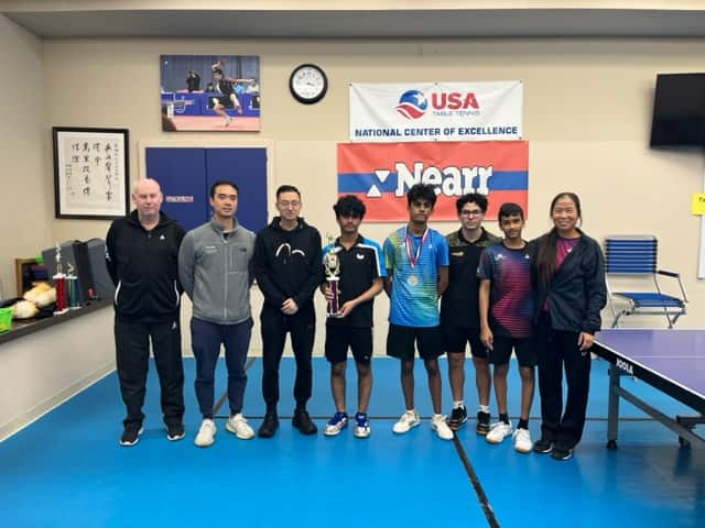 LYTTC Nearr Cup, New Jersey, Feb 2023. (L-R) Coach PK, Timothy , Mr. Gao from Nearr, 2300 1st Ainish, 2nd Prajeet, 3rd Santiago & Arnav.  Right 1 : Lily Yip