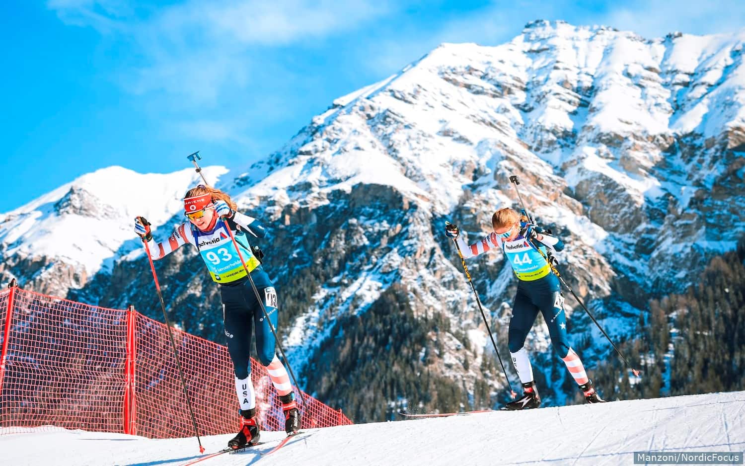 Margie Freed and Amanda Kautzer ski at the 2023 Open European Championships in Lenzerheide, Switzerland