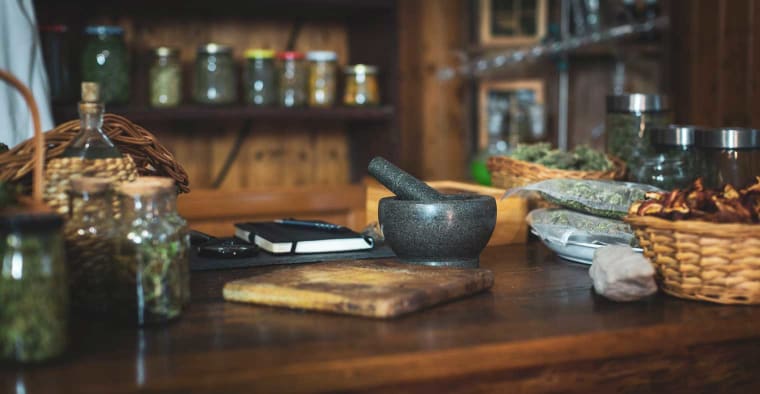 Herbal medicine on a store counter.