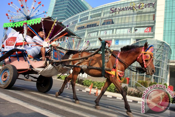 Salah satu andong yang menjadi peserta andong hias sebagai bagian dari Festival Jakarta Great Sale (FJGS) tahun lalu di melintas di depan pusat perbelanjaan Senayan City. (FOTO ANTARA/Dhoni Setiawan) Andong di FJGS