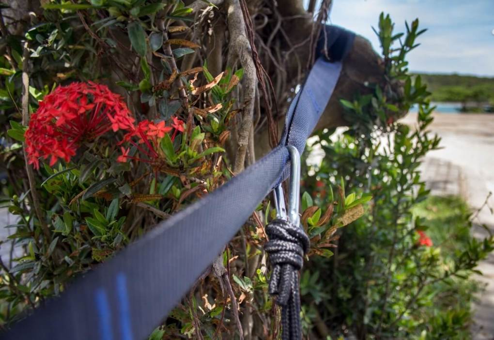 serac camping hammock steel carabiner on a daisy chain tree hugger strap