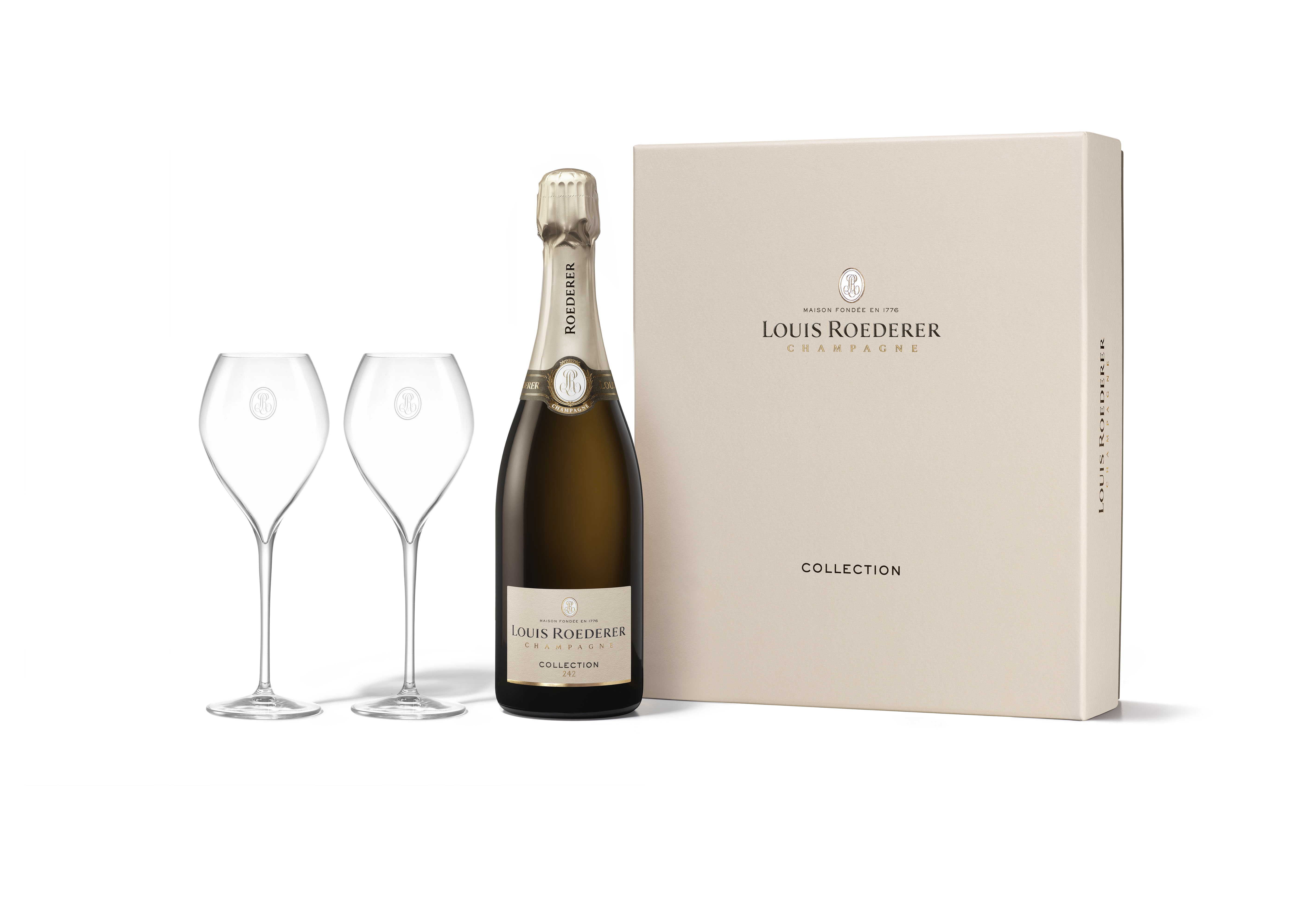 Champagne Louis Roederer Collection 243 et deux flûtes