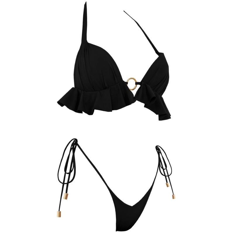 Dalliance Padded Halter Bikini Top With Ruffles In Black Antoninias Wolf Badger