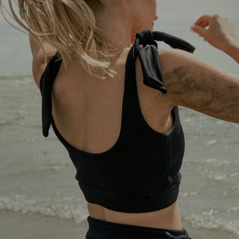 Lorelei Black Crinkle Tie Shoulder Bikini Top Freetides Wolf Badger