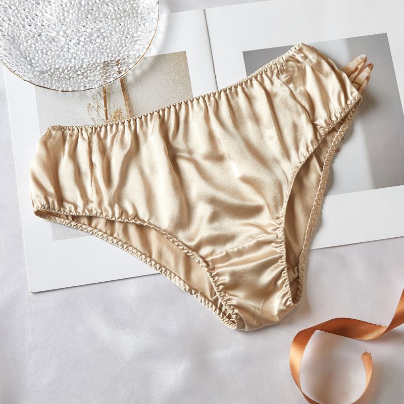 Pure Mulberry Silk Bikini Pantie Mid Waist In Beige Soft Strokes Silk Wolf Badger
