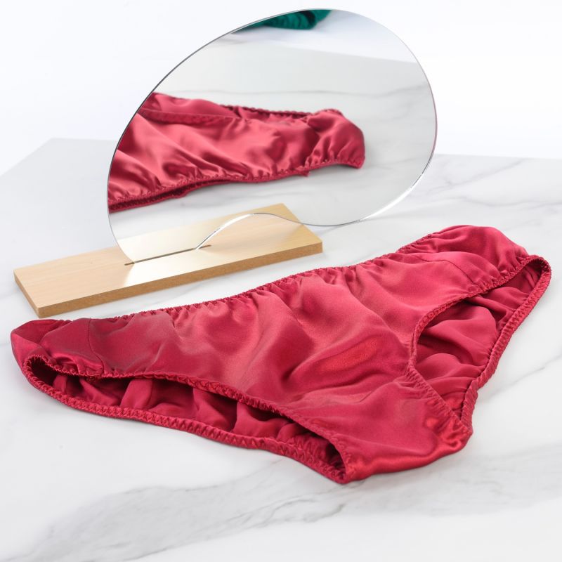 Pure Mulberry Silk Bikini Pantie Mid Waist In Ruby Soft Strokes Silk Wolf Badger