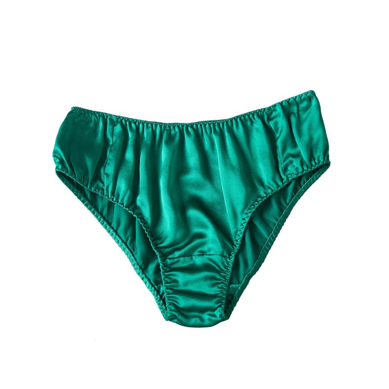Pure Mulberry Silk Bikini Pantie Mid Waist In Emerald Green Soft Strokes Silk Wolf Badger