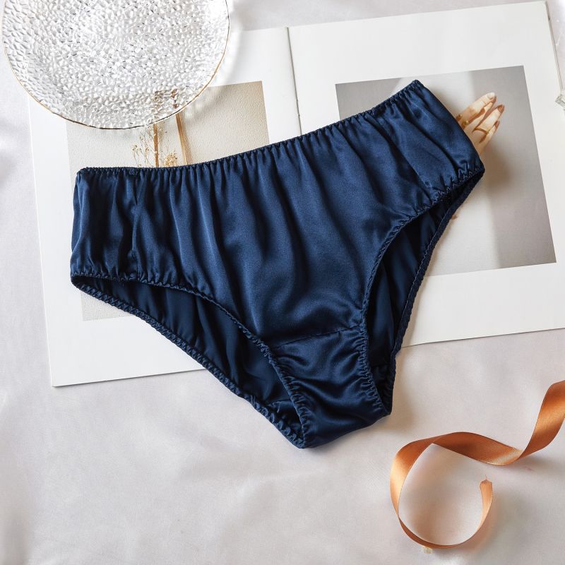 Pure Mulberry Silk Bikini Pantie Mid Waist In Navy Soft Strokes Silk Wolf Badger