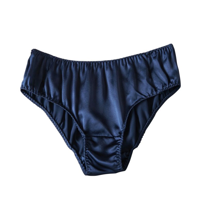 Pure Mulberry Silk Bikini Pantie Mid Waist In Navy Soft Strokes Silk Wolf Badger
