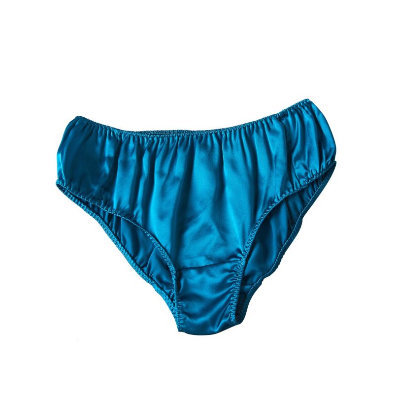 Pure Mulberry Silk Bikini Pantie Mid Waist In Turquoise Soft Strokes Silk Wolf Badger
