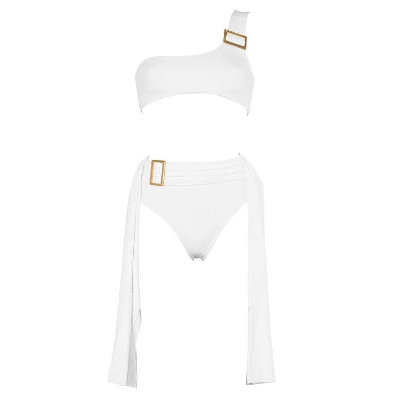 Dulcet One Shoulder Bikini Top With Golden Buckle In White ANTONINIAS Wolf Badger