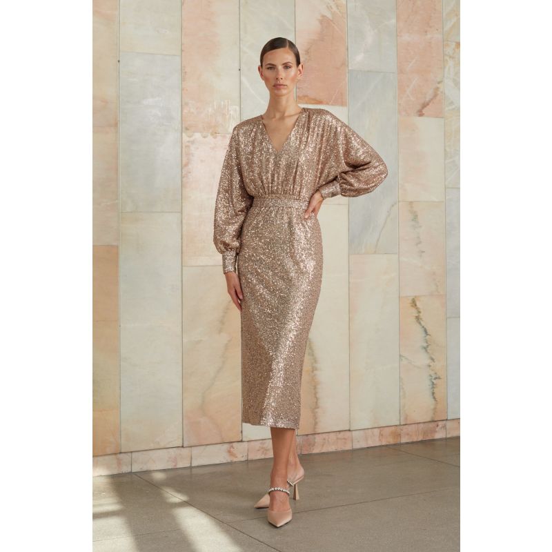 Eve Nude Sequin Deep V Neck Midi Dress UNDRESS Wolf Badger