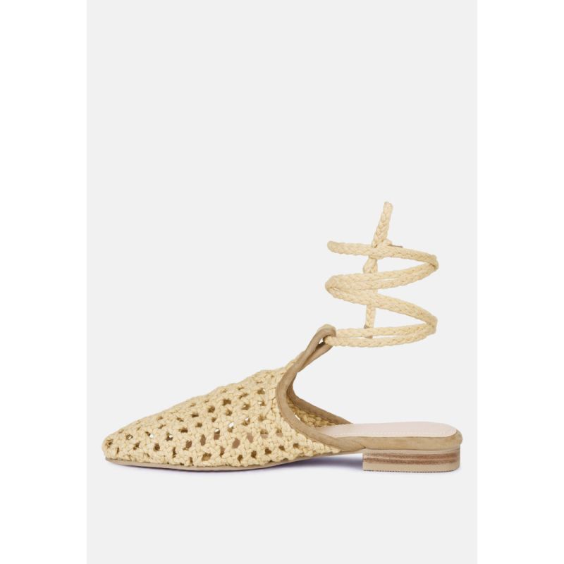 Tutsi Nude Handwoven Honeycomb Cotton Tie Up Mule Flats Rag Co