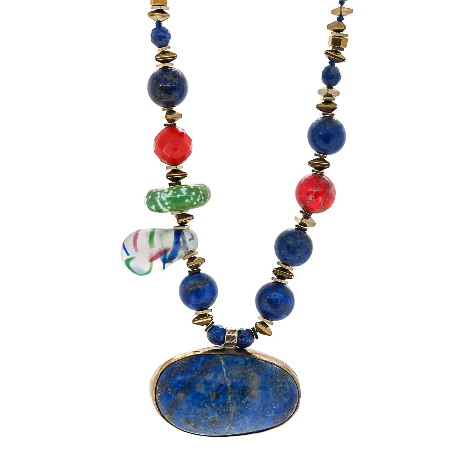 Women’s Blue / Red Lapis Lazuli Gemstone Vintage Pendant Unique Beaded Necklace - Blue Ebru Jewelry