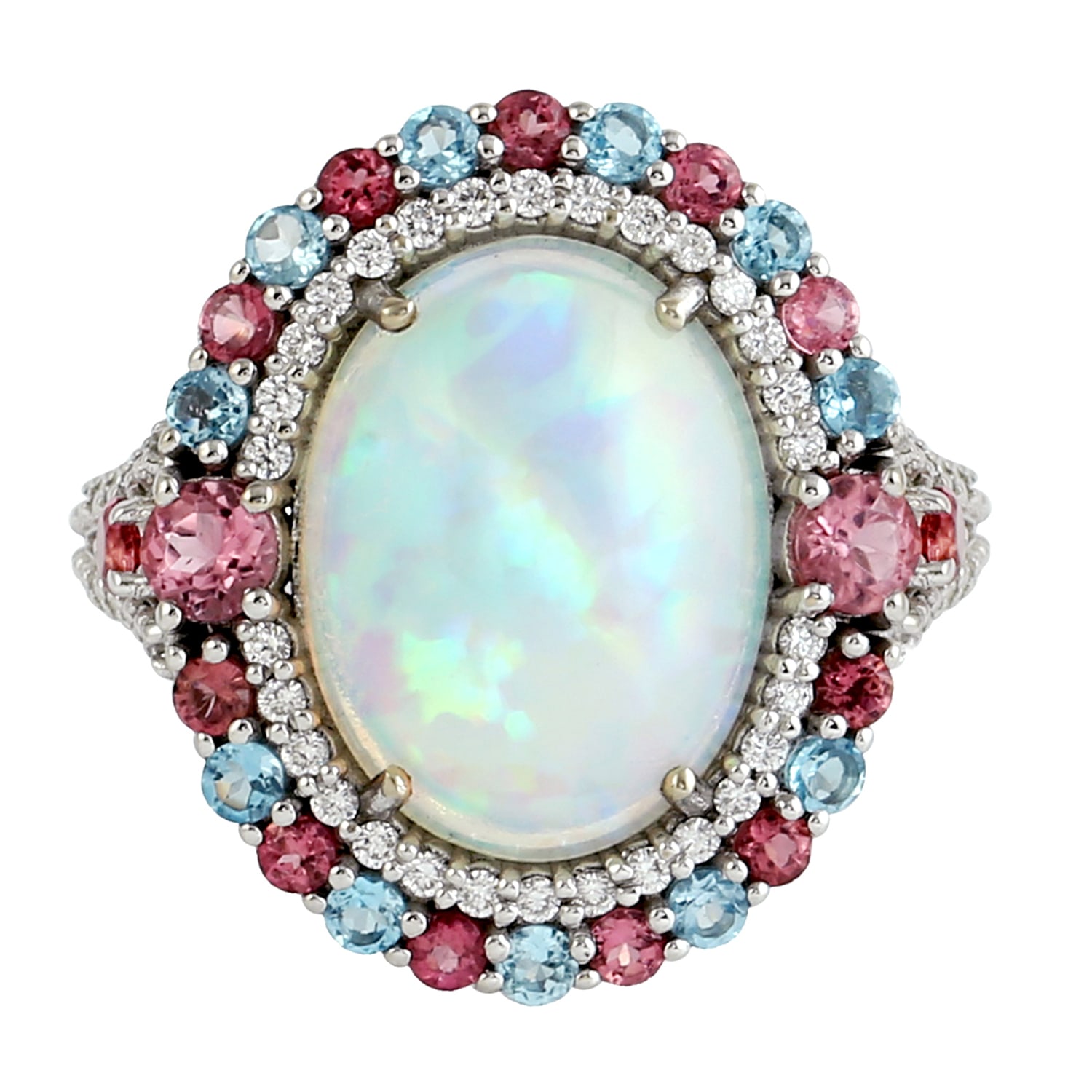 Women’s 18K White Gold In Ethiopian Opal & Pink Tourmaline With Blue Topaz Pave Diamond Antique Ring Artisan