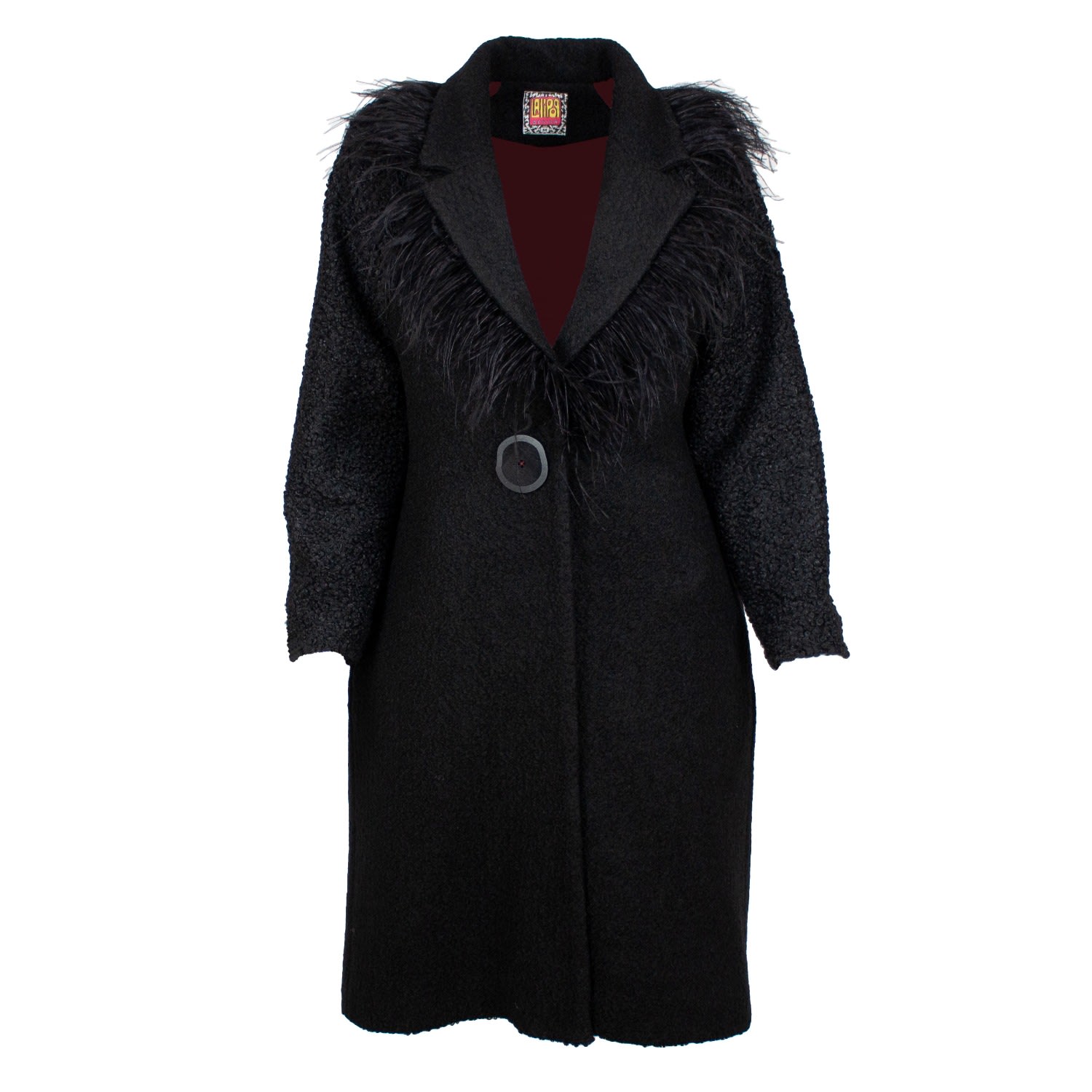 Women’s Black Felt Coat With Notched Lapel Collar With Faux Feathers Extra Small Lalipop Design