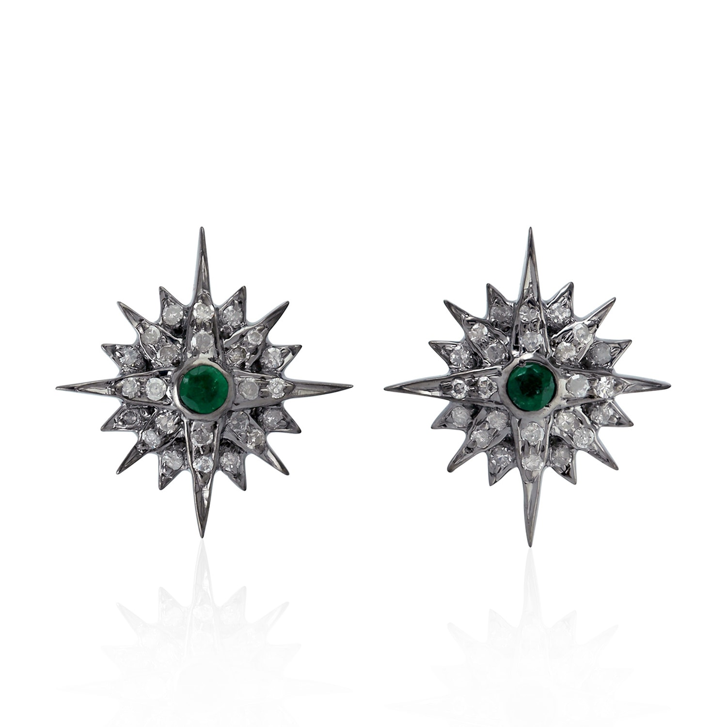 Women’s White / Gold / Green 18K Gold & 925 Sterling Silver In Pave Diamond With Bezel Set Emerald Star Stud Earrings Artisan