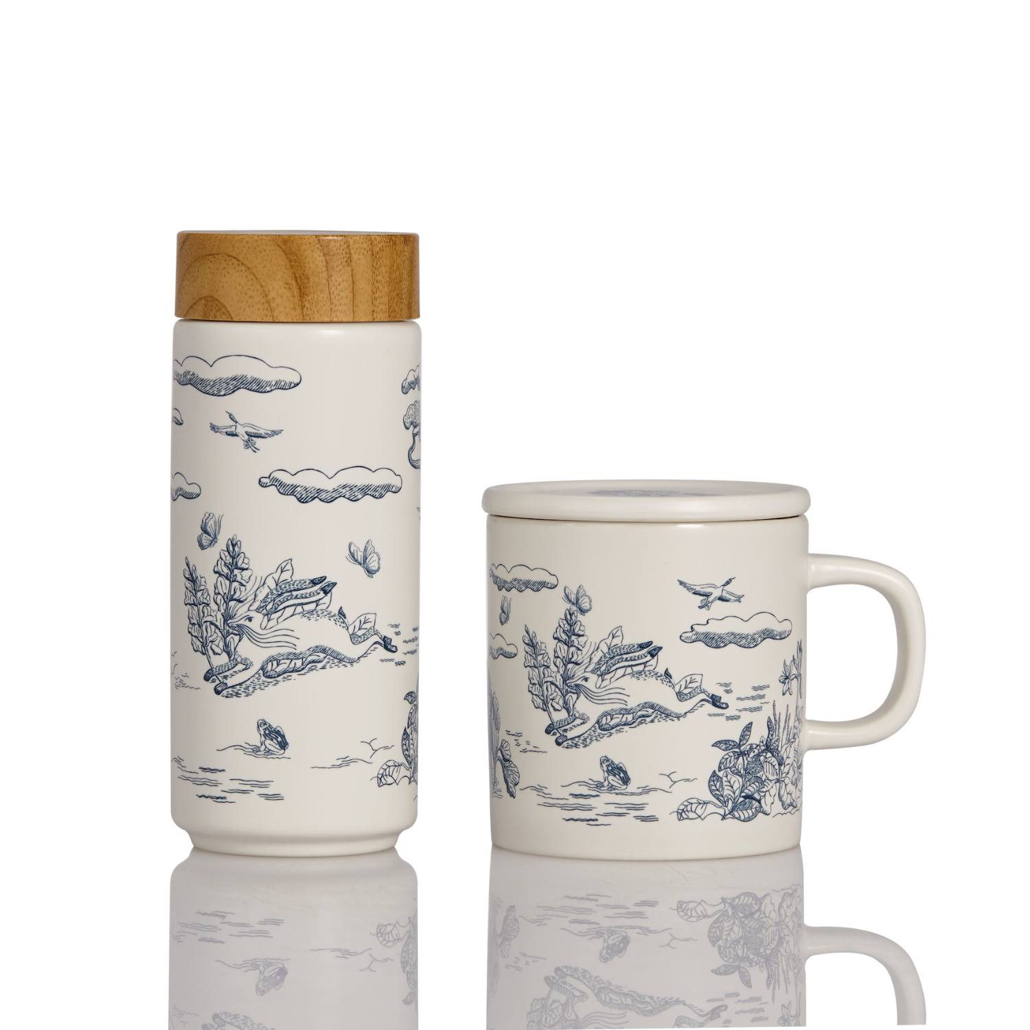 Blue / White Magic Garden Travel Mug & Mug Gift Set - Blue & White Acera